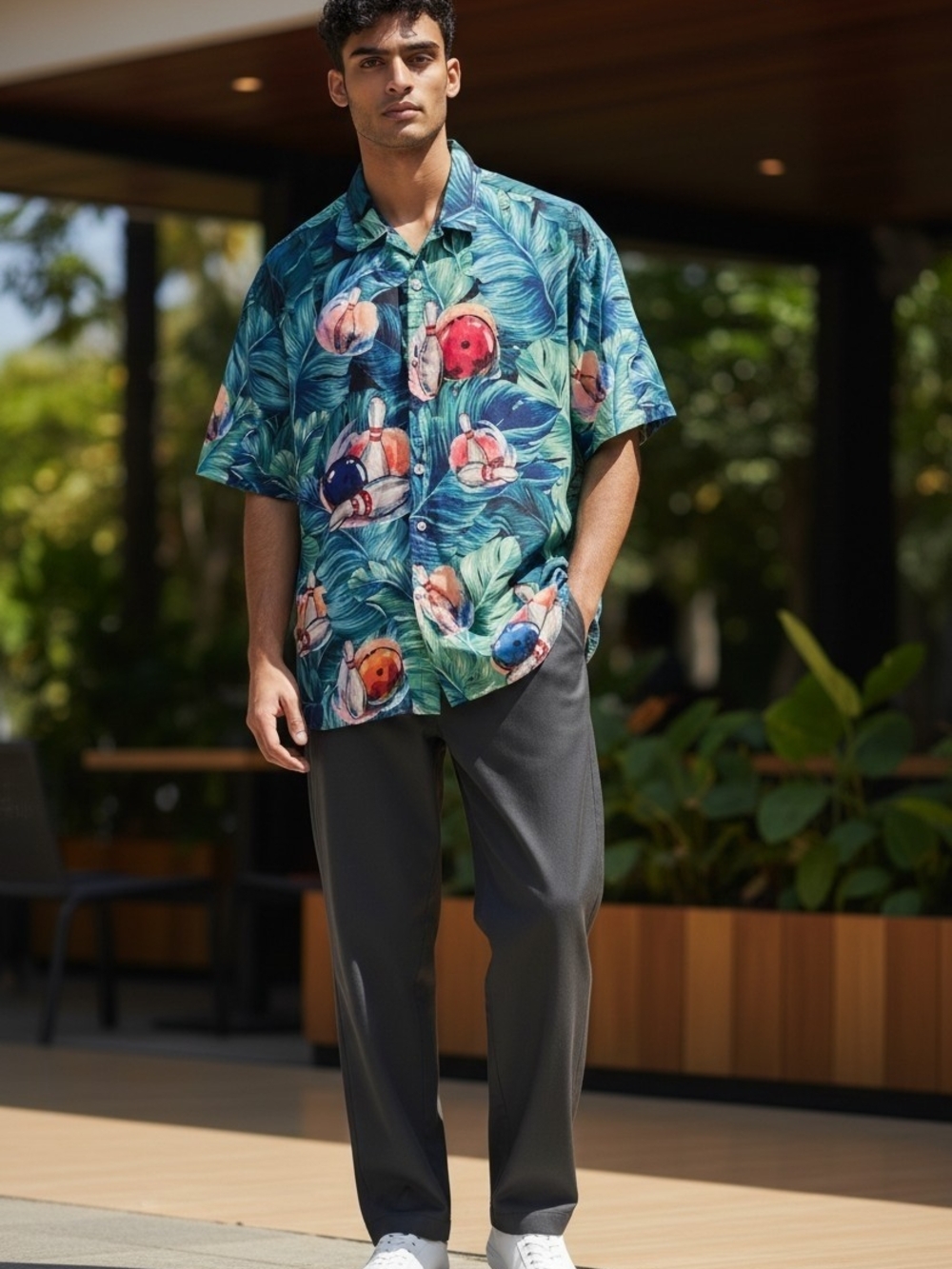 Men's Tropical Bowling Print Short-Sleeve Button-Down Shirt - Blue/Green Sz XXL - Picture 1 of 2